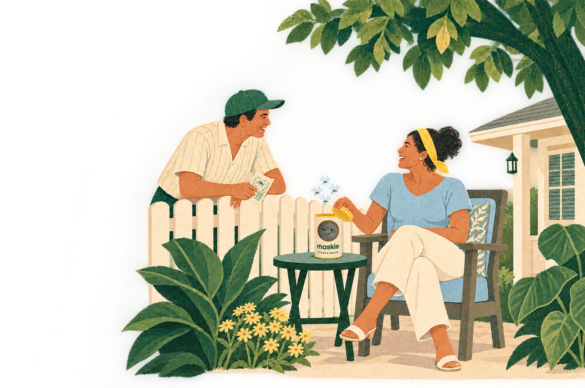 Hand-painted illustration of two Dallas neighbors opening a Moskie release-kit concept beside a garden fence