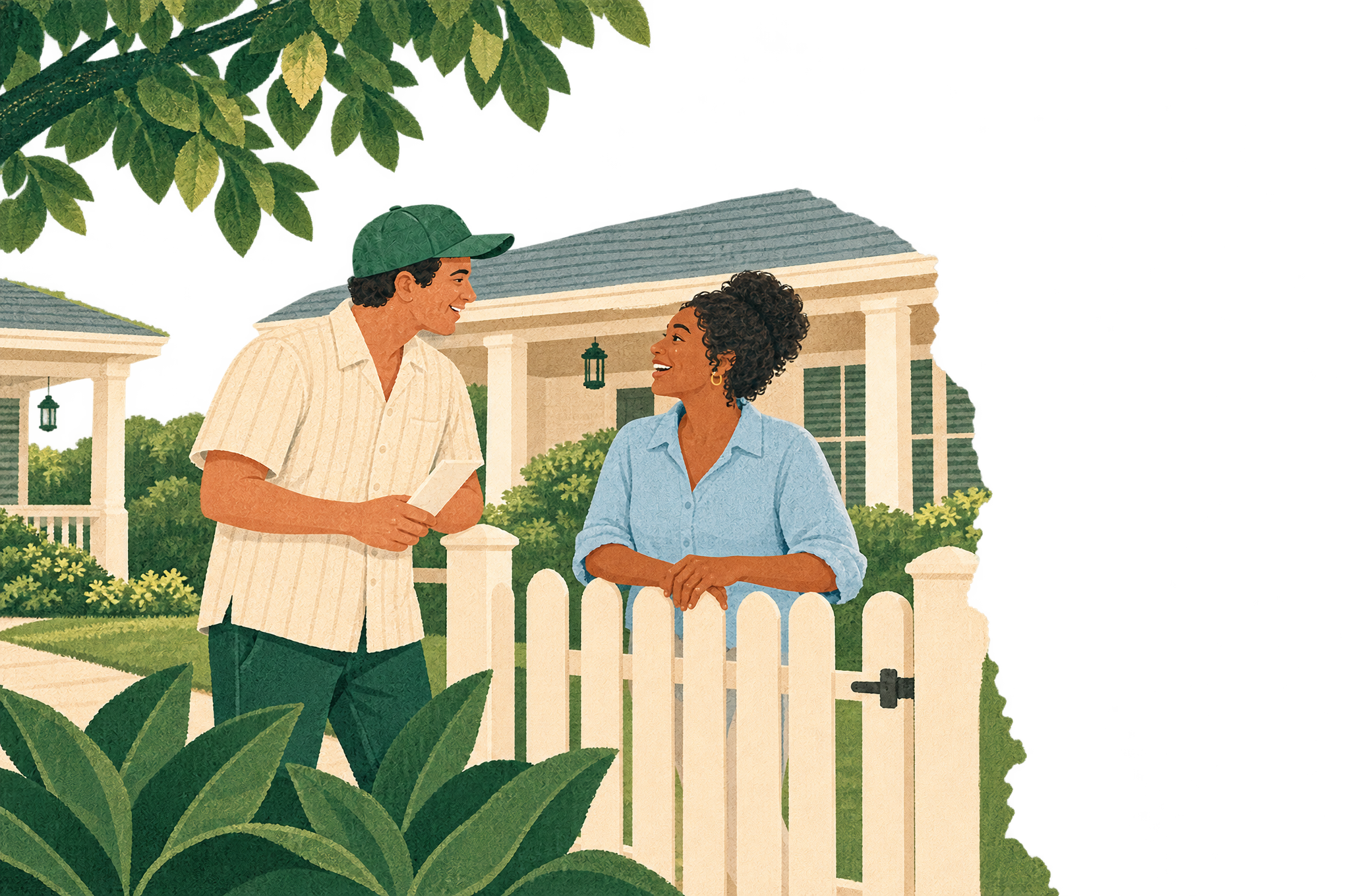 Illustration of neighbors discussing a release guide at a Dallas-style front gate